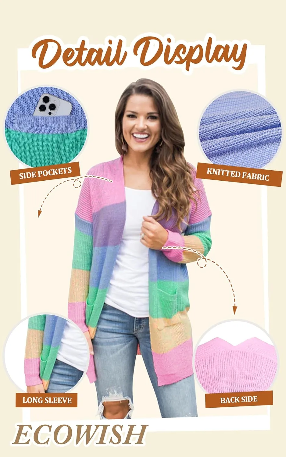 Sweaters for Women Fall Causal Color Block Striped Long Sleeve Open Front Cozy Knitted Coats Spring Outwear reject weed launch signify ECOWISH Cardigan 