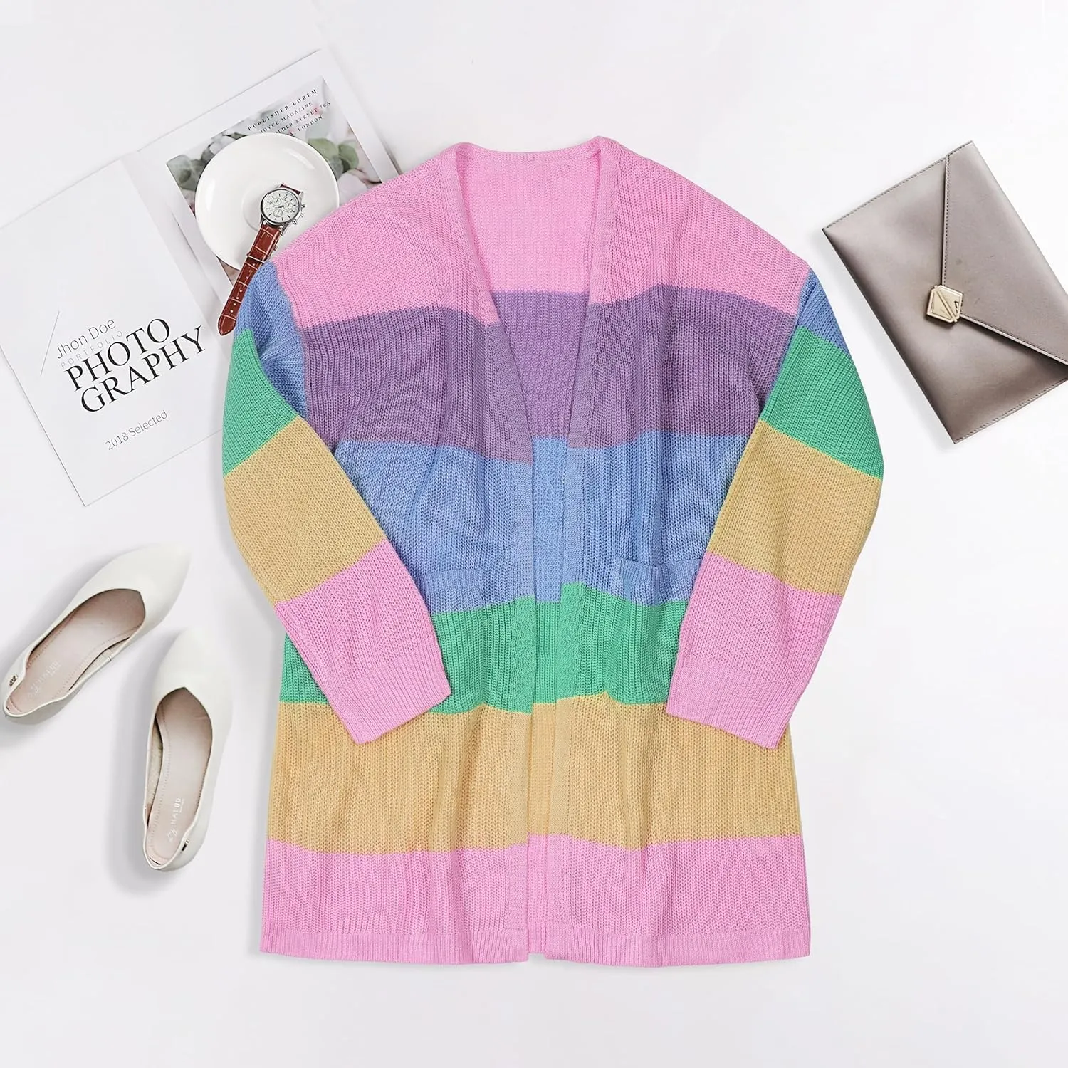 Sweaters for Women Fall Causal Color Block Striped Long Sleeve Open Front Cozy Knitted Coats Spring Outwear reject weed launch signify ECOWISH Cardigan 