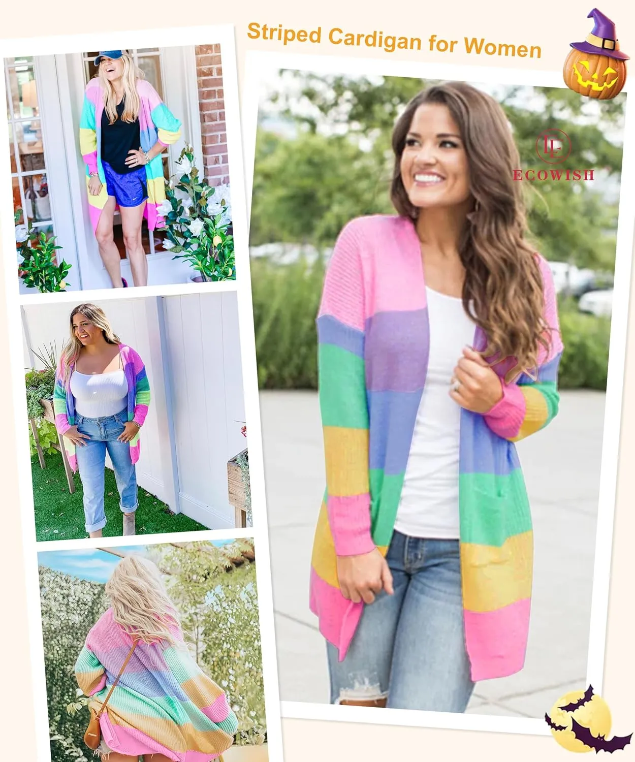 Sweaters for Women Fall Causal Color Block Striped Long Sleeve Open Front Cozy Knitted Coats Spring Outwear reject weed launch signify ECOWISH Cardigan 