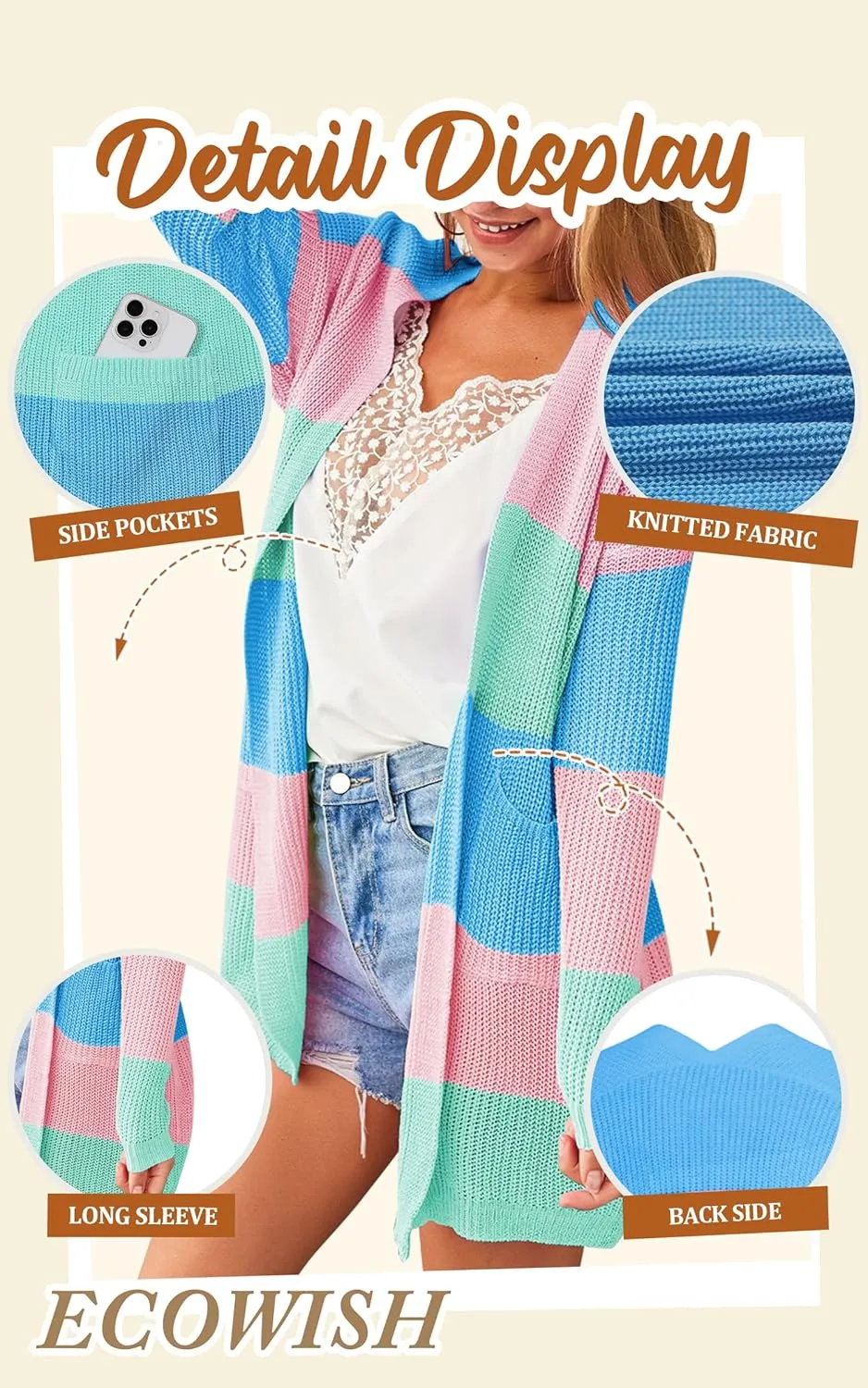 Sweaters for Women Fall ratify Causal Color Block Striped Long Sleeve Open Front Cozy Knitted Coats Spring Outwear ECOWISH Cardigan 