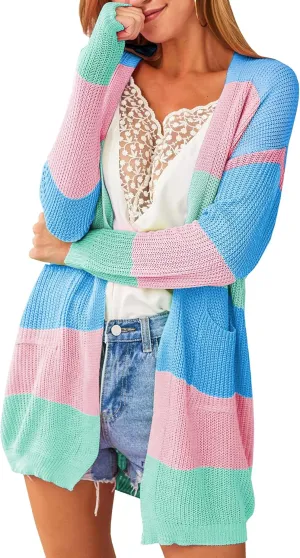 Sweaters for Women Fall ratify Causal Color Block Striped Long Sleeve Open Front Cozy Knitted Coats Spring Outwear ECOWISH Cardigan 