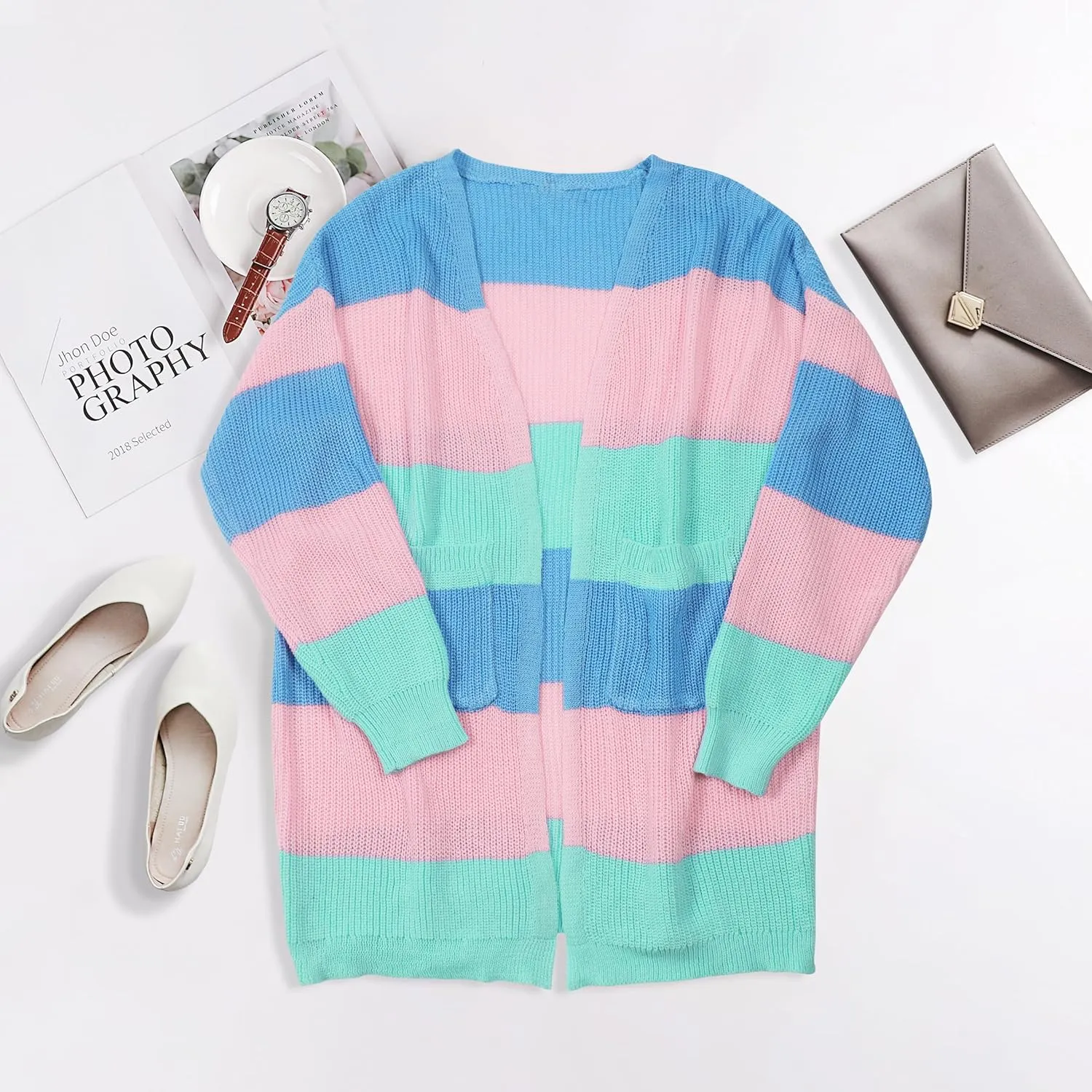 Sweaters for Women Fall ratify Causal Color Block Striped Long Sleeve Open Front Cozy Knitted Coats Spring Outwear ECOWISH Cardigan 