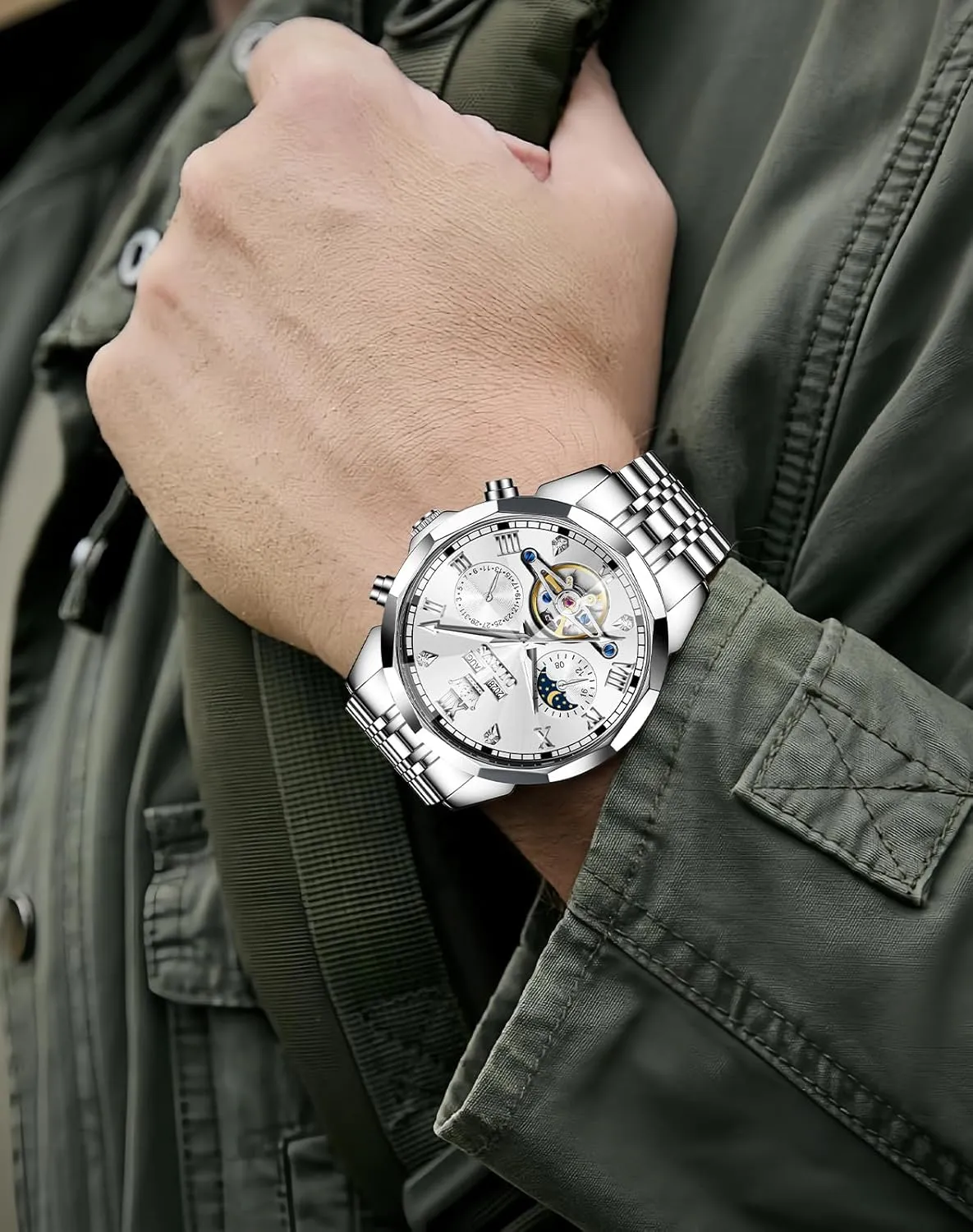 taint forte document replant Wrist Watches OLEVS Watches for Men Automatic Mechanical Luxury Dress Big Face Self Winding Tourbillon Skeleton Luminous 