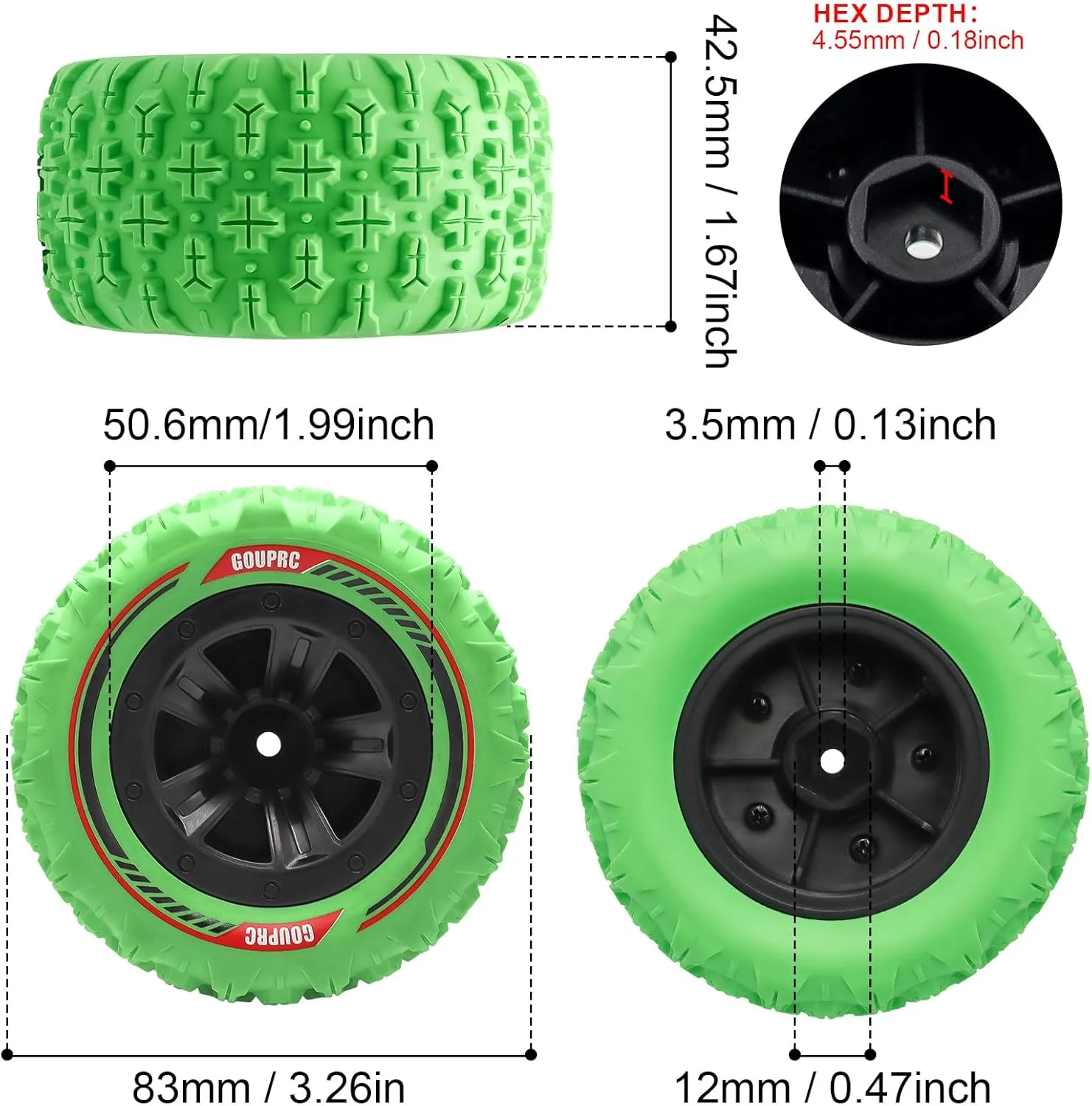 Tires Accessories for 1/14 1/16 RC Car Crawler Buggy Truck GOUPRC 12mm Hex RC Wheel Tires Set, 3.26 trickle refine * 1.67 Inches 4PCS Swamp Claw Mud Terrain 