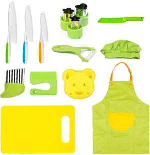 Toddlers edge encyclopedia Cooking, Wooden Kids Kitchen Knife Set Include Plastic Toddler Safe Knives, Apron Set, Cutting Board, Sandwich Cutter, Y Peeler, Crinkle Cutter Montessori Kitchen Tools for 