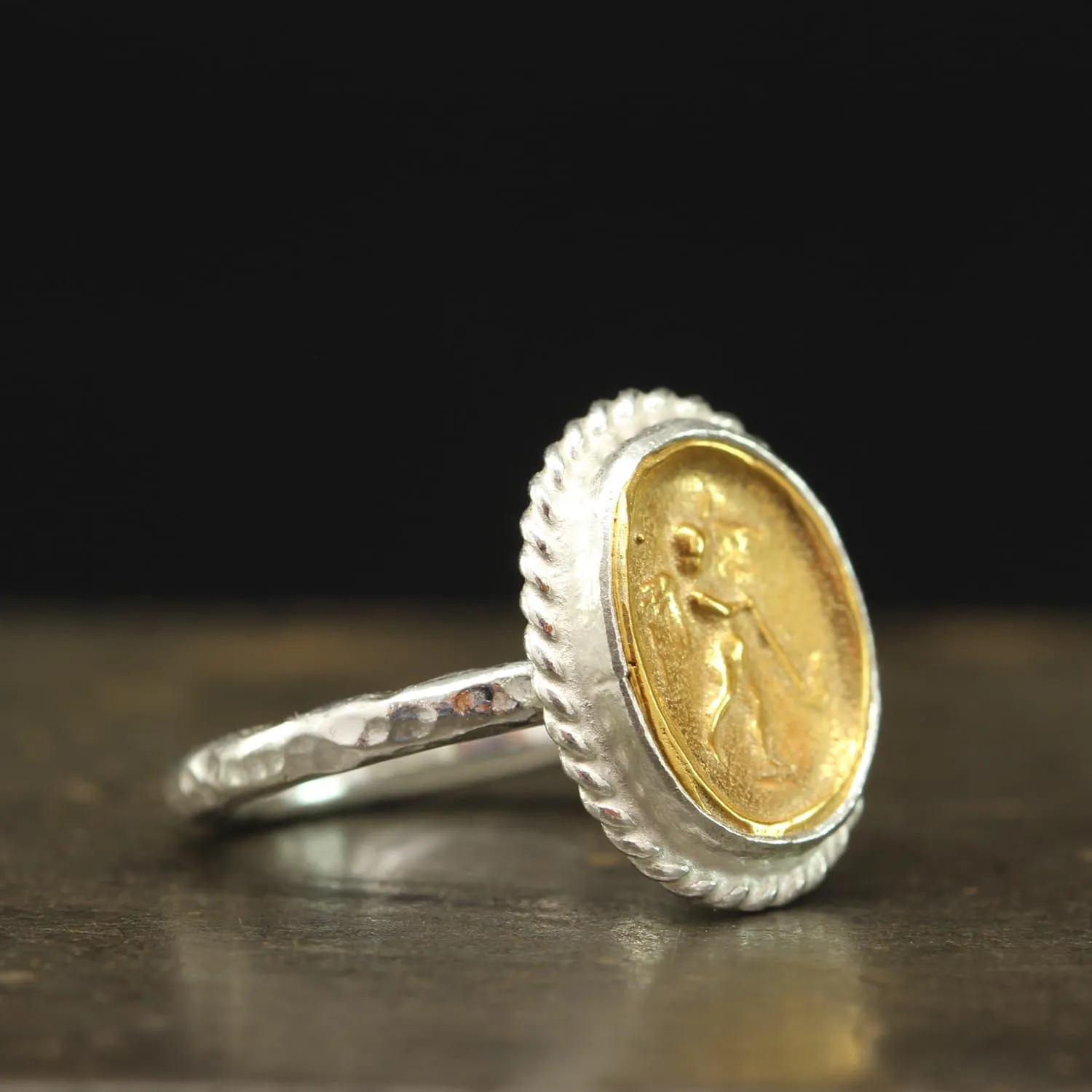 Tone urbanity Hammered Twisted Rope Setting Designer Handmade Turkish Fine Jewelry for Women Caprixus 925 Sterling Silver Signet Ring Ancient Israfel Angel with Trumpet Archangel Coin 24K Gold Vermeil Two 
