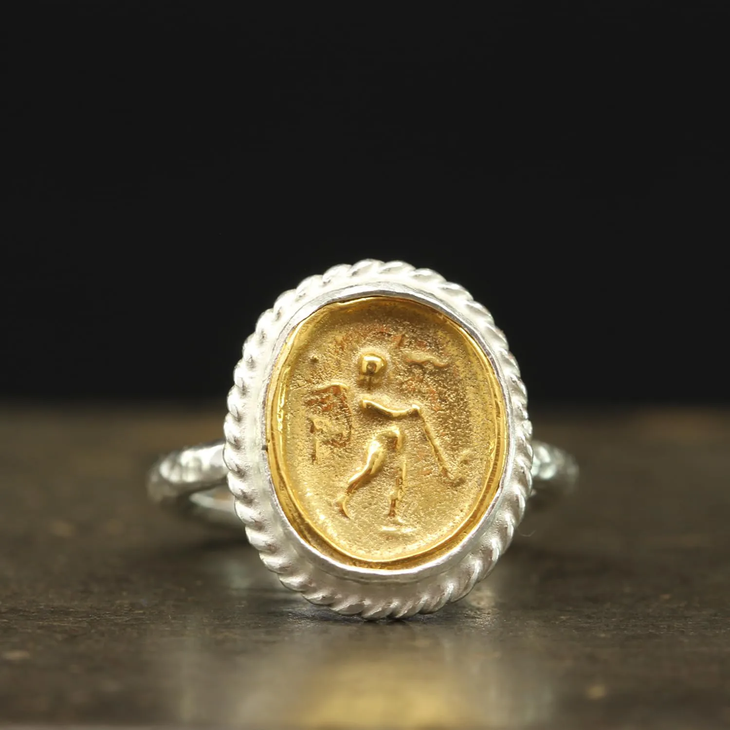 Tone urbanity Hammered Twisted Rope Setting Designer Handmade Turkish Fine Jewelry for Women Caprixus 925 Sterling Silver Signet Ring Ancient Israfel Angel with Trumpet Archangel Coin 24K Gold Vermeil Two 