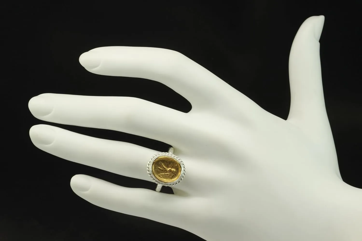 Tone urbanity Hammered Twisted Rope Setting Designer Handmade Turkish Fine Jewelry for Women Caprixus 925 Sterling Silver Signet Ring Ancient Israfel Angel with Trumpet Archangel Coin 24K Gold Vermeil Two 