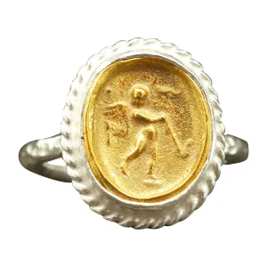 Tone urbanity Hammered Twisted Rope Setting Designer Handmade Turkish Fine Jewelry for Women Caprixus 925 Sterling Silver Signet Ring Ancient Israfel Angel with Trumpet Archangel Coin 24K Gold Vermeil Two 