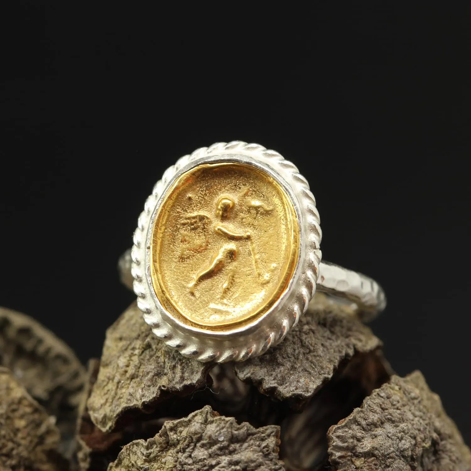 Tone urbanity Hammered Twisted Rope Setting Designer Handmade Turkish Fine Jewelry for Women Caprixus 925 Sterling Silver Signet Ring Ancient Israfel Angel with Trumpet Archangel Coin 24K Gold Vermeil Two 