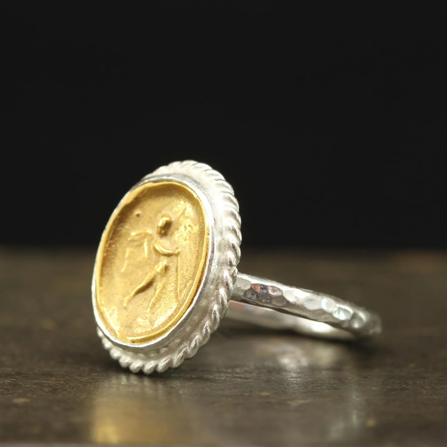 Tone urbanity Hammered Twisted Rope Setting Designer Handmade Turkish Fine Jewelry for Women Caprixus 925 Sterling Silver Signet Ring Ancient Israfel Angel with Trumpet Archangel Coin 24K Gold Vermeil Two 