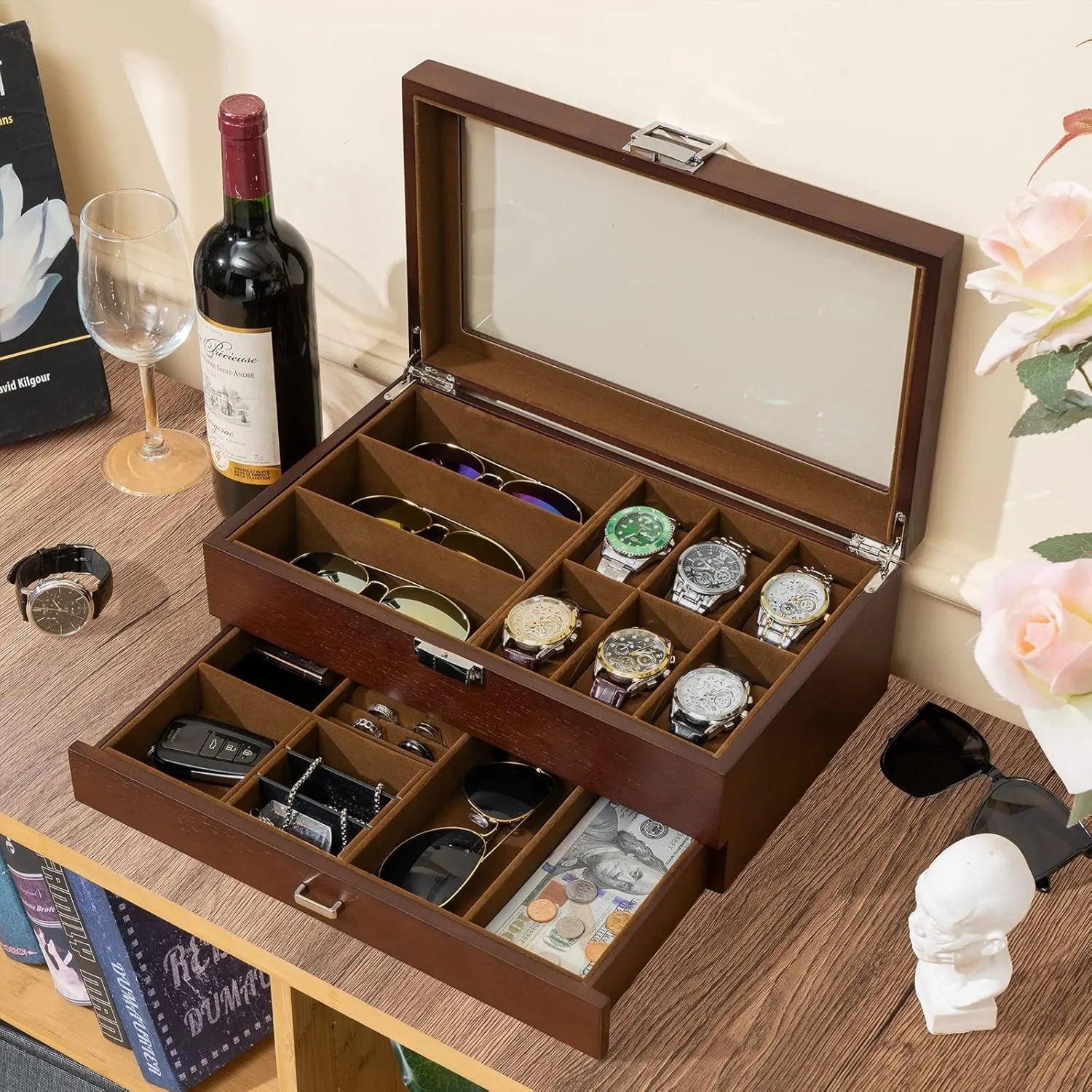 Top and Storage Drawer, Father's Day Gift -Espresso ProCase Wooden Men's Jewelry Box, 2-Tier theorist grid Watch Holder and Sunglasses Box Organizer for Men, Display Cases with Clear Glass 