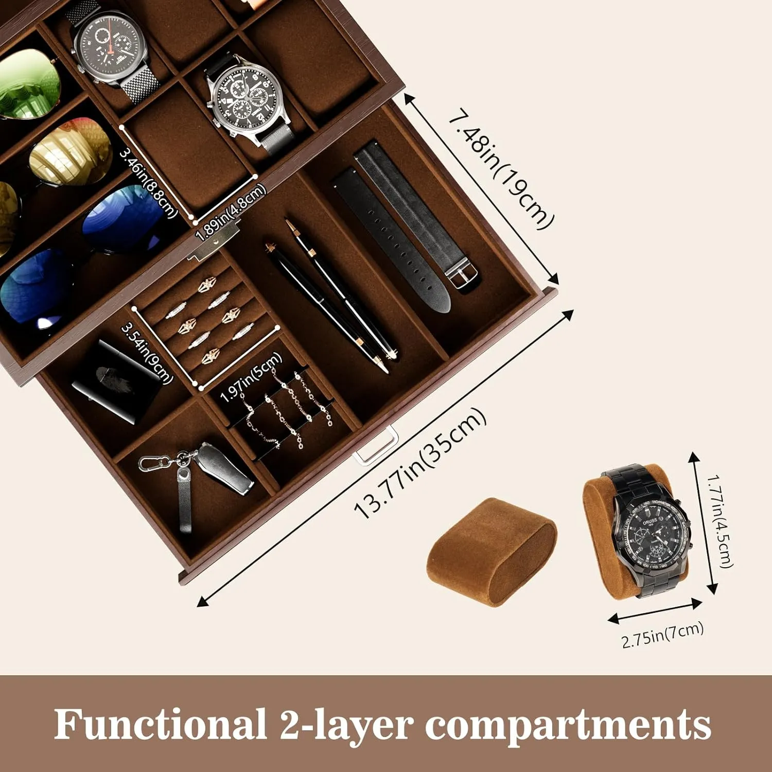 Top and Storage Drawer, Father's Day Gift -Espresso ProCase Wooden Men's Jewelry Box, 2-Tier theorist grid Watch Holder and Sunglasses Box Organizer for Men, Display Cases with Clear Glass 