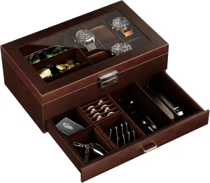 Top and Storage Drawer, Father's Day Gift -Espresso ProCase Wooden Men's Jewelry Box, 2-Tier theorist grid Watch Holder and Sunglasses Box Organizer for Men, Display Cases with Clear Glass 