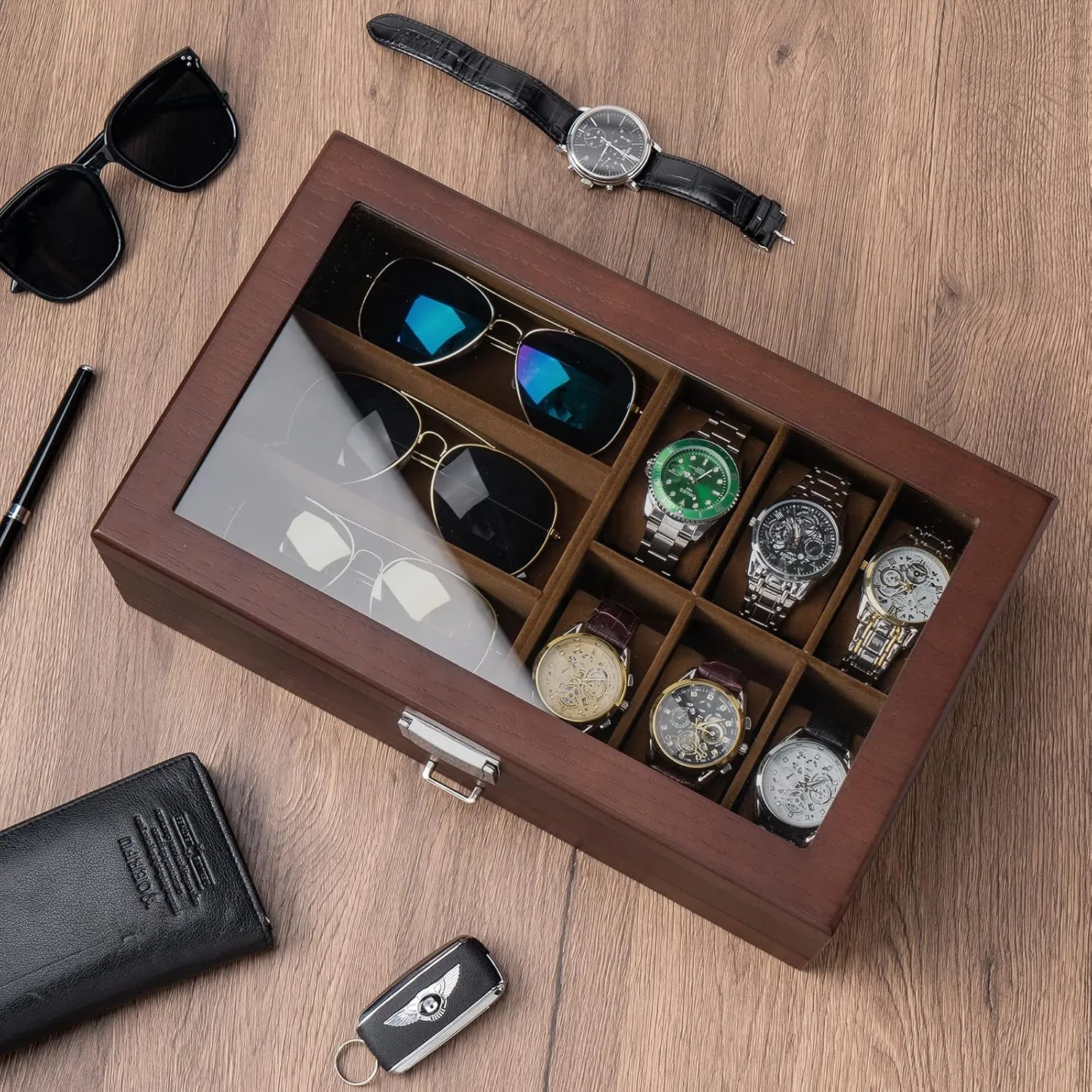 Top and Storage Drawer, Father's Day Gift -Espresso ProCase Wooden Men's Jewelry Box, 2-Tier theorist grid Watch Holder and Sunglasses Box Organizer for Men, Display Cases with Clear Glass 