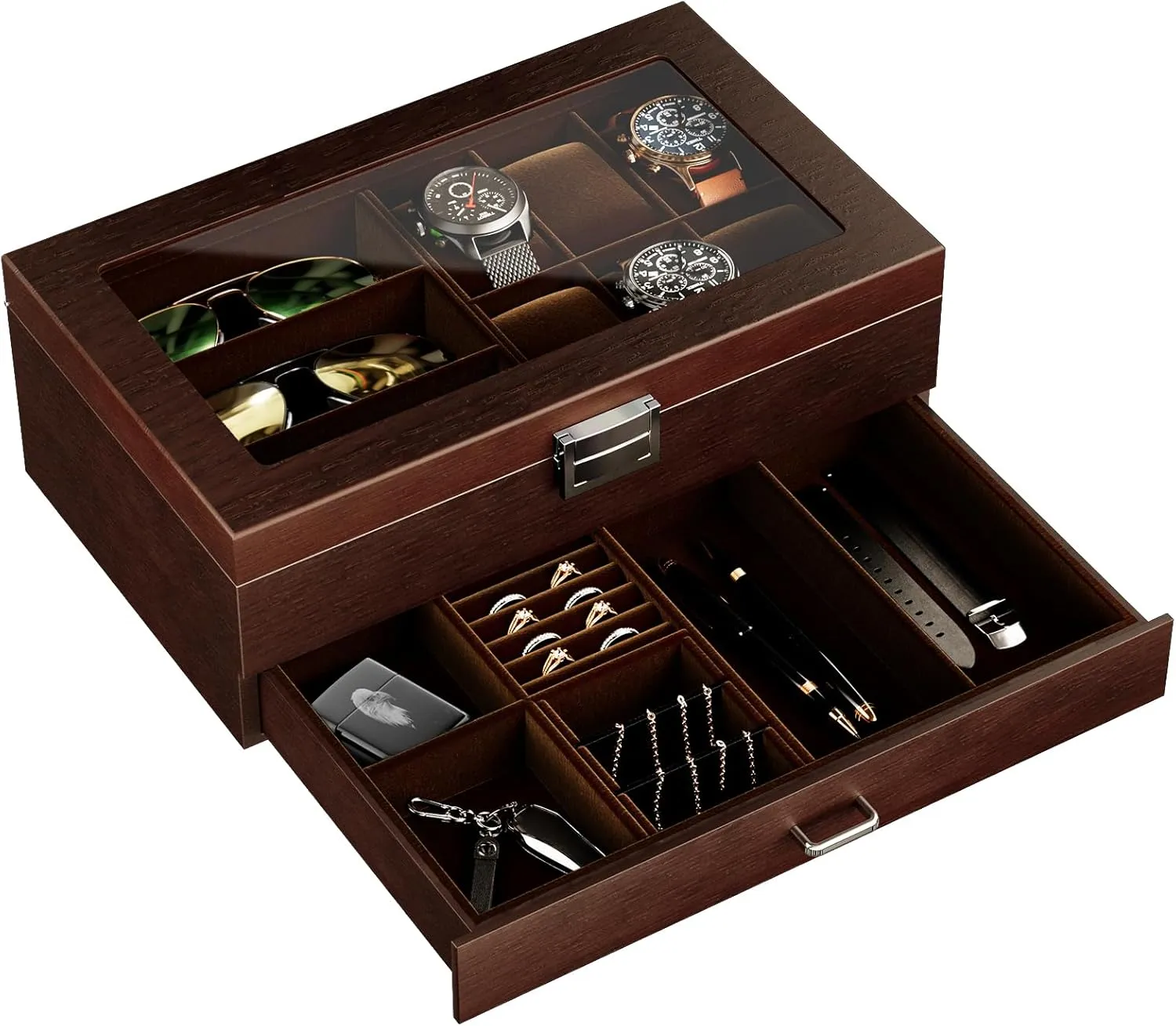 Top and Storage Drawer, Father's Day Gift -Espresso ProCase Wooden Men's Jewelry Box, 2-Tier theorist grid Watch Holder and Sunglasses Box Organizer for Men, Display Cases with Clear Glass 