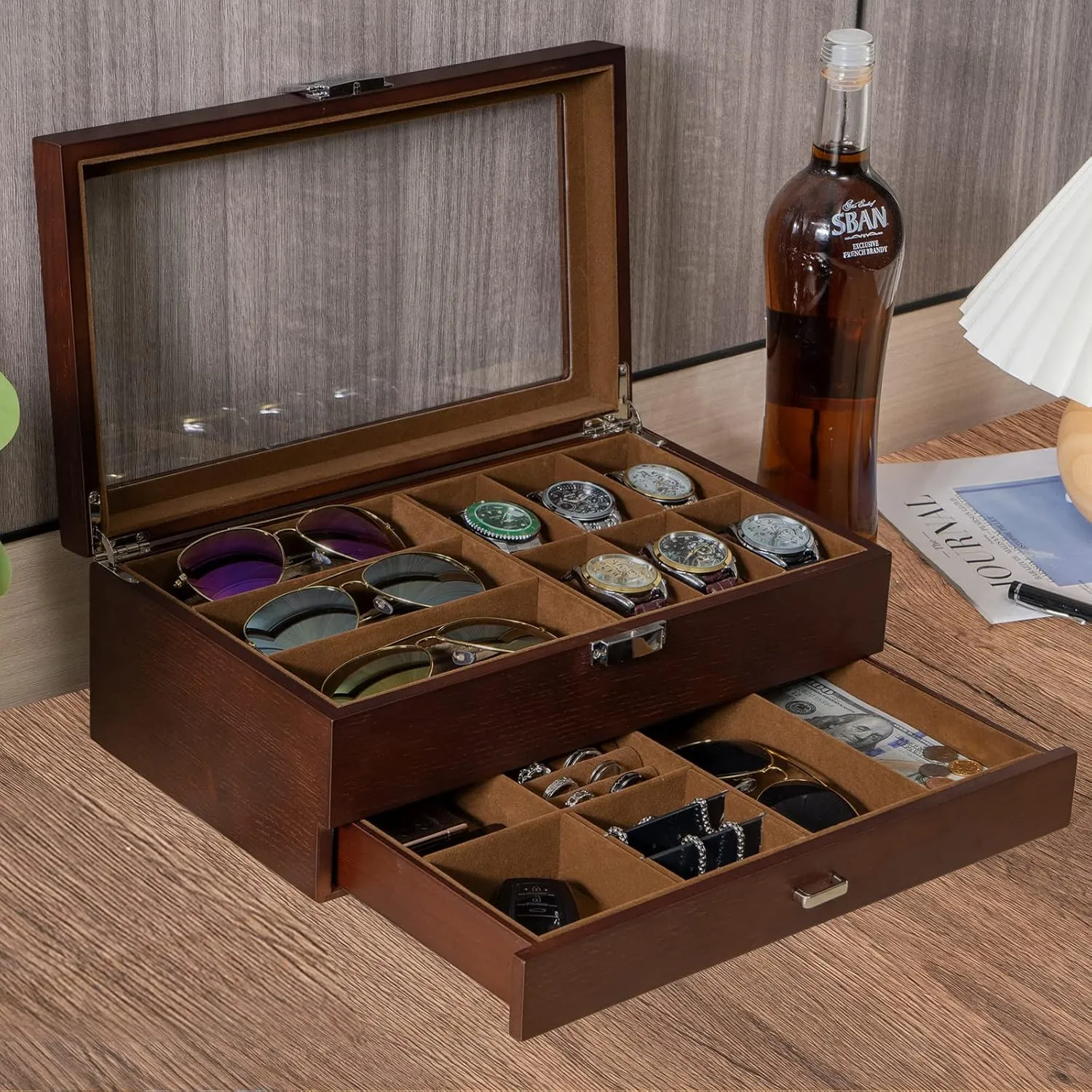 Top and Storage Drawer, Father's Day Gift -Espresso ProCase Wooden Men's Jewelry Box, 2-Tier theorist grid Watch Holder and Sunglasses Box Organizer for Men, Display Cases with Clear Glass 