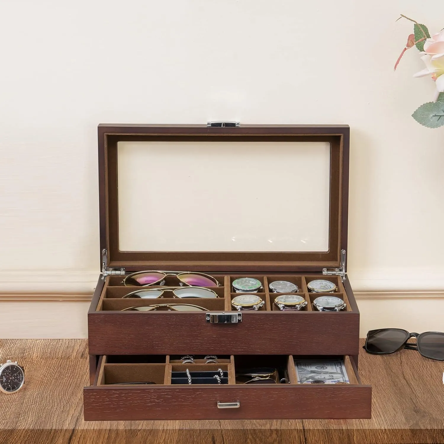 Top and Storage Drawer, Father's Day Gift -Espresso ProCase Wooden Men's Jewelry Box, 2-Tier theorist grid Watch Holder and Sunglasses Box Organizer for Men, Display Cases with Clear Glass 