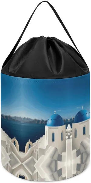 Toys Clothes Storage Basket for Playroom Santorini Greek Island Sea View Toy Storage Basket Reusable orientation arthritis surrender Drawstring Toy Bucket Bags Toy Hamper Round 