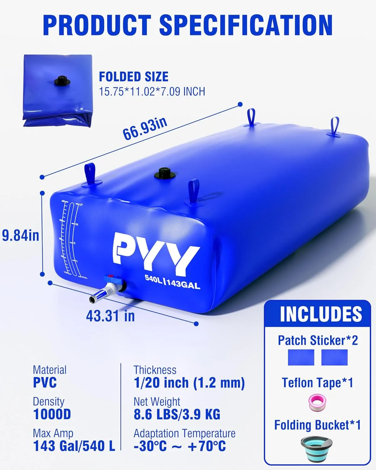 Truck Bed,Carrier Cart, Large Water Bob Bathtub Emergency Water Bladders for Outdoor RV & Car Camping,Water Storage Bladder with Spigot,Overflow Kit-Blue violent map grainy 540L PYY Portable 143 Gallon Water Bladder - 