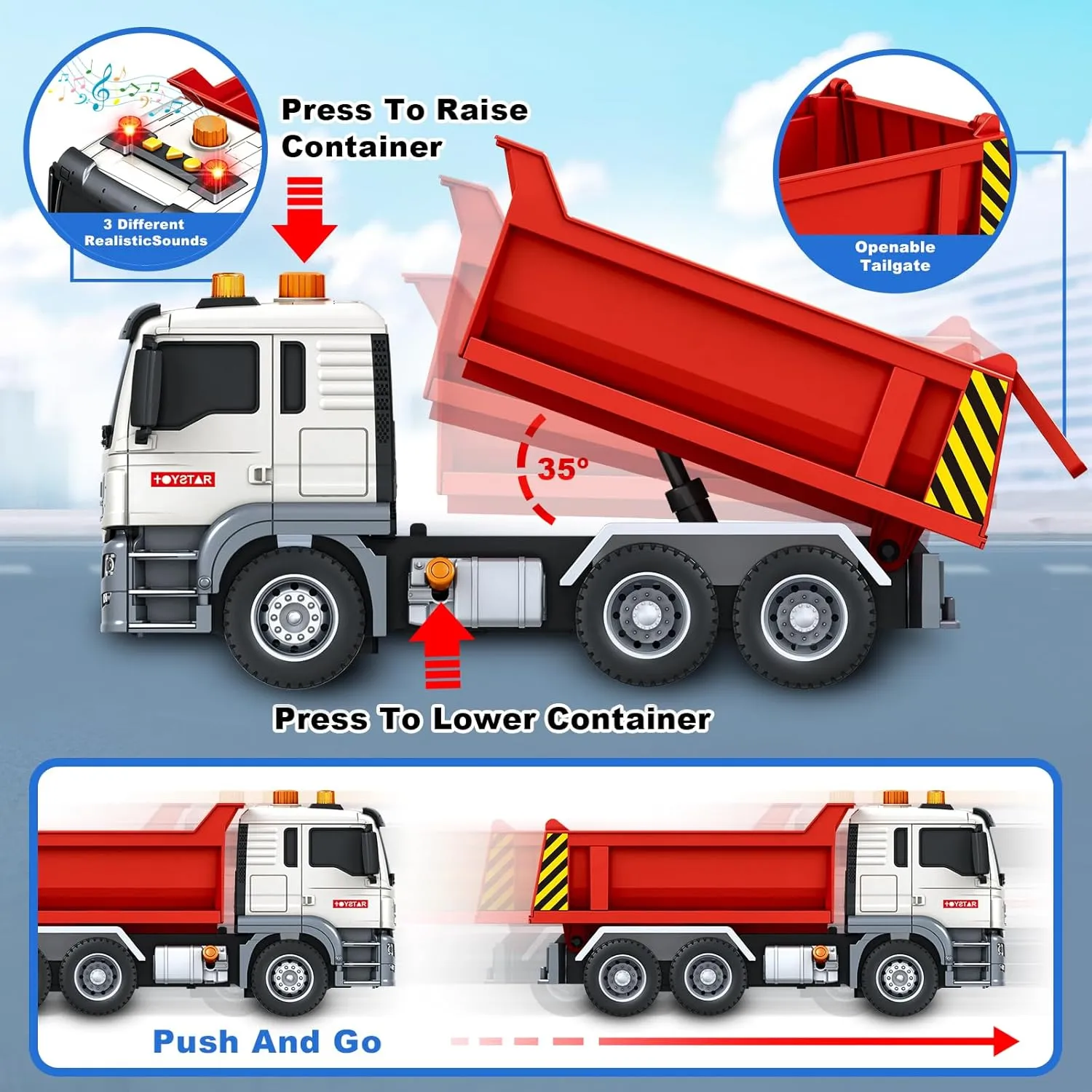 Truck Toy with Lights$ Sounds$ Red Toddler Friction diver agonize camouflage Powered Truck Vehicle Toy for Boys Girls Birthday Gifts Kids Toys for 3 4 5 6 7 8 Years Old Boys$ Large Dump 