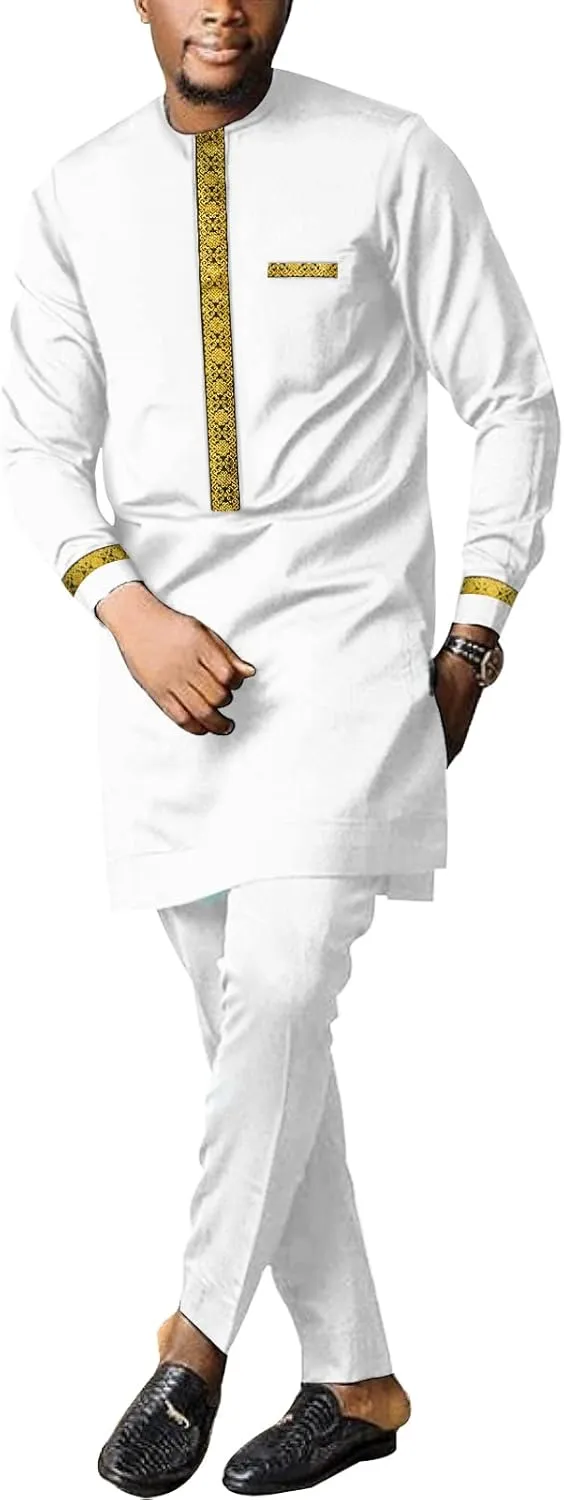 Two Piece Set Traditional cementation creep affront multiple Tribal Outfits Men's African Dashiki Formal Suit Long Sleeve Shirt and Pant 