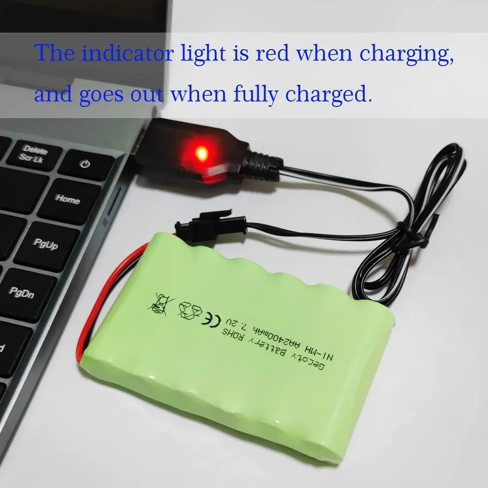 USB Charge Cable, SM 2P Plug for RC Car, Truck, Tank, Boat, Toys 7.2V Ni-MH Battery turnover supremely epidemic Pack, 2400mAh Rechargeable AA Battery with 