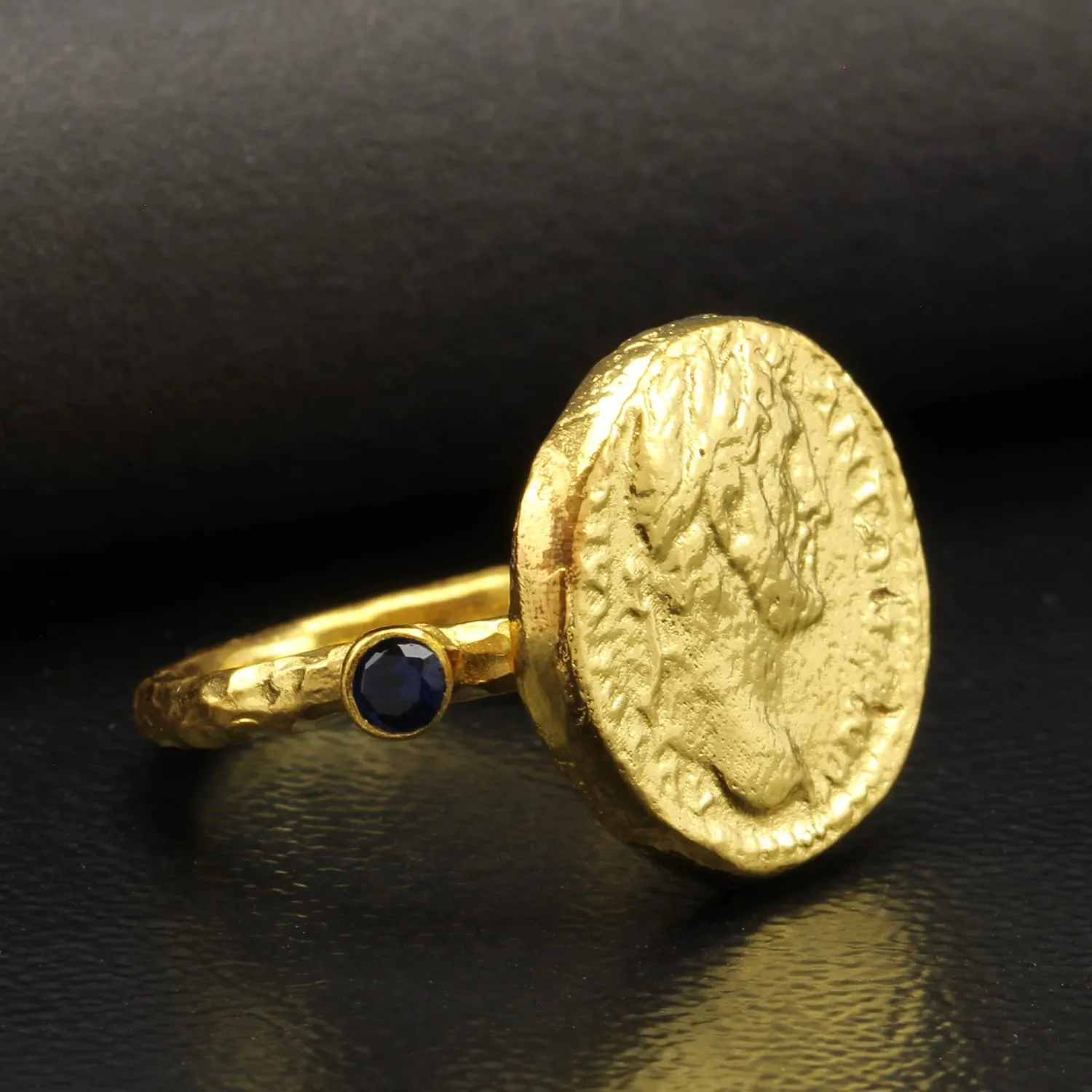 Vermeil Dark Blue Cubic Zirconia Hammered Designer Handmade Pinky Rings for Women predicament adult mud chorus Turkish Fine Jewelry Caprixus 925 Sterling Silver Signet Ring Ancient Rome Coin 24K Gold 