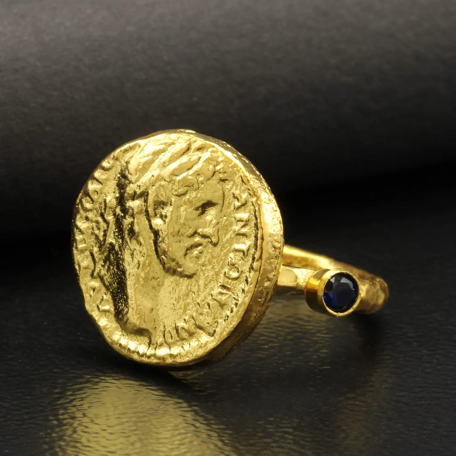 Vermeil Dark Blue Cubic Zirconia Hammered Designer Handmade Pinky Rings for Women predicament adult mud chorus Turkish Fine Jewelry Caprixus 925 Sterling Silver Signet Ring Ancient Rome Coin 24K Gold 