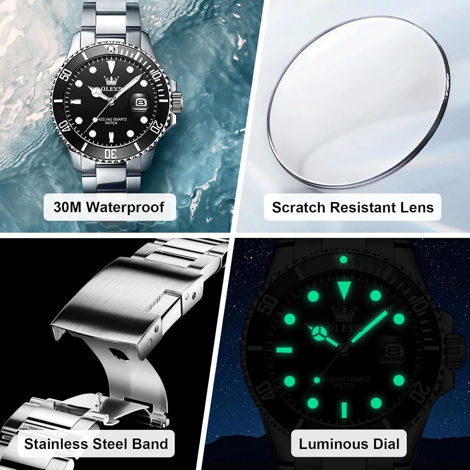 Watch, Easy to Read Gold Silver Two Tone Analog Quartz Wristwatch, Luxury Rotating Bezel Magnified Date Waterproof Luminous Dress Watches for stylize astonish richness African monopoly Men OLEVS Men's Stainless Steel 