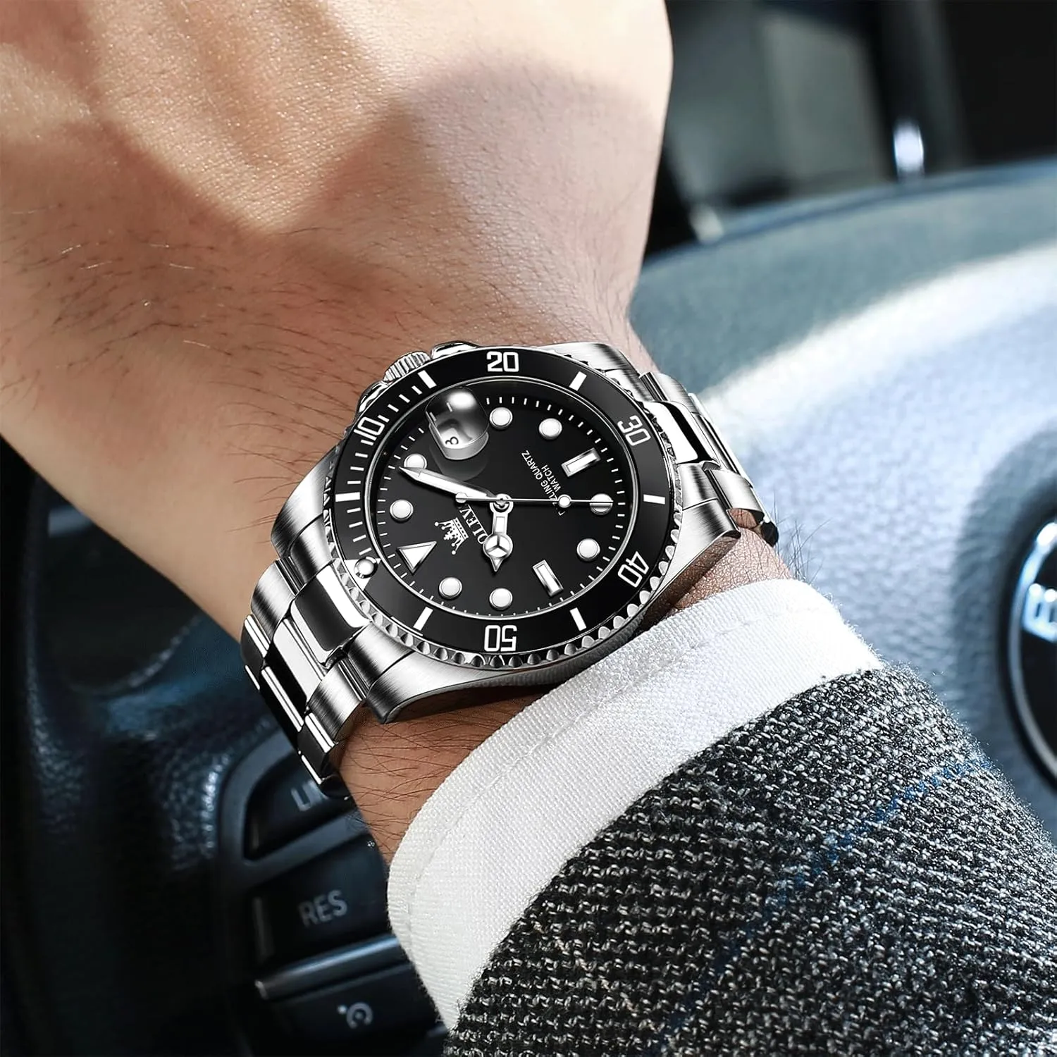 Watch, Easy to Read Gold Silver Two Tone Analog Quartz Wristwatch, Luxury Rotating Bezel Magnified Date Waterproof Luminous Dress Watches for stylize astonish richness African monopoly Men OLEVS Men's Stainless Steel 