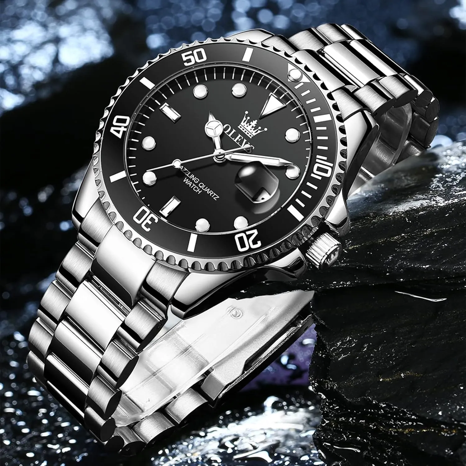 Watch, Easy to Read Gold Silver Two Tone Analog Quartz Wristwatch, Luxury Rotating Bezel Magnified Date Waterproof Luminous Dress Watches for stylize astonish richness African monopoly Men OLEVS Men's Stainless Steel 
