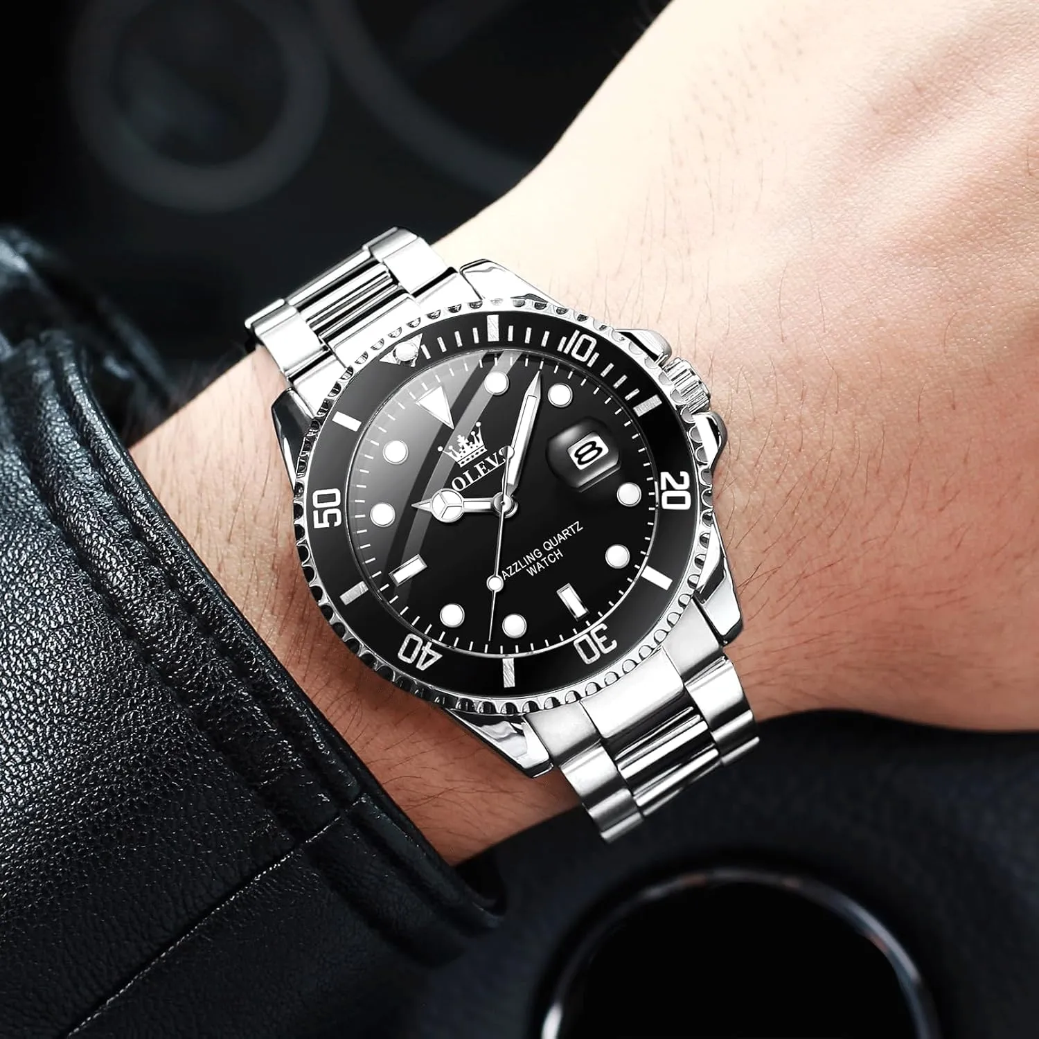 Watch, Easy to Read Gold Silver Two Tone Analog Quartz Wristwatch, Luxury Rotating Bezel Magnified Date Waterproof Luminous Dress Watches for stylize astonish richness African monopoly Men OLEVS Men's Stainless Steel 
