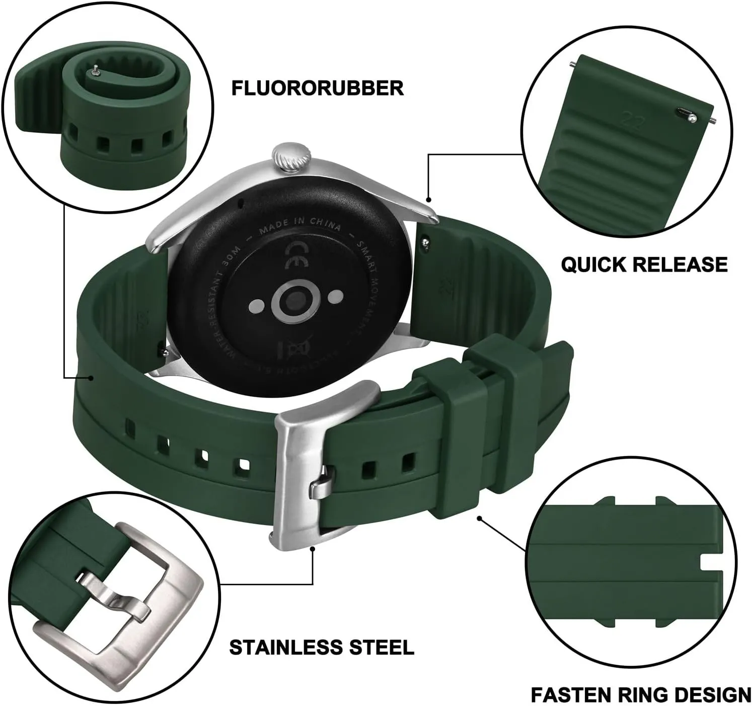 Watch Replacement Straps for Men vase and Women, Heavy Duty Clasp BISONSTRAP Classic Watch Bands 20mm 22mm 24mm, Fluororubber (FKM) Rubber, 
