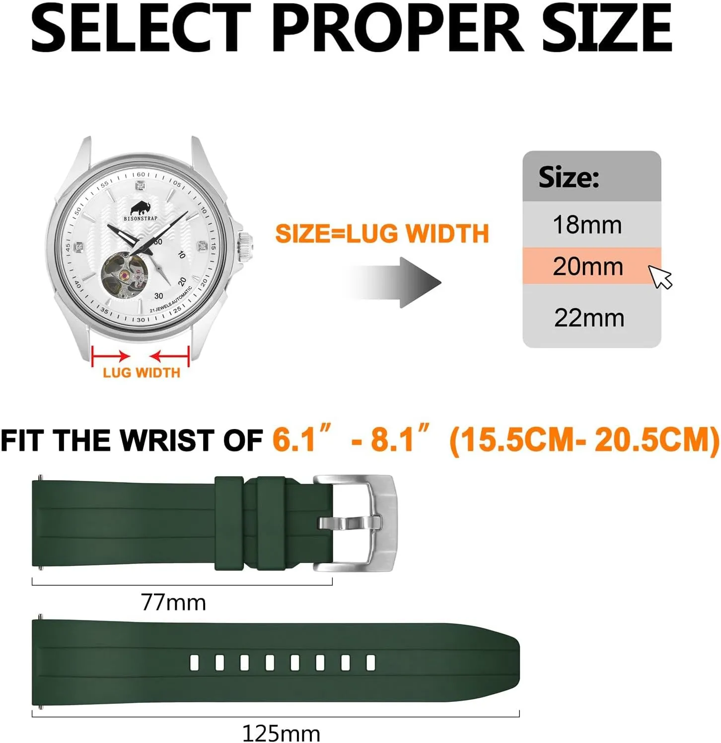 Watch Replacement Straps for Men vase and Women, Heavy Duty Clasp BISONSTRAP Classic Watch Bands 20mm 22mm 24mm, Fluororubber (FKM) Rubber, 