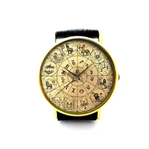 Watch, Unisex Watch, Ladies Watch, Mens theological Watch P367 Zodiac Signs Leather 