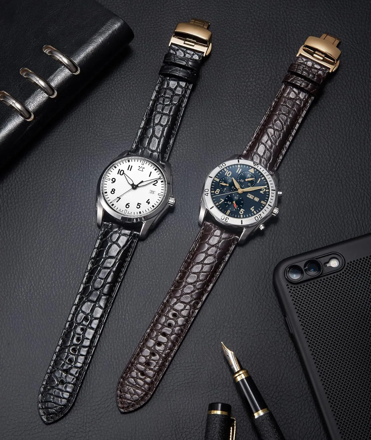 Watchband Deployment Black Brown BINLUN Alligator compliment blow dawn documentation Grain Leather Watch Bands for Men Watch Straps Handmade Crocodile Grain Quick Release Replacment Genuine Classic Leather Women 