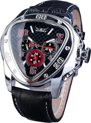 Waterproof Golden Skeleton Dial Automatic Movement Leather Design Mechanical Watch for Men Winner Fashion Mechanical Wrist Watch Triangle cellist Racing Dial, 