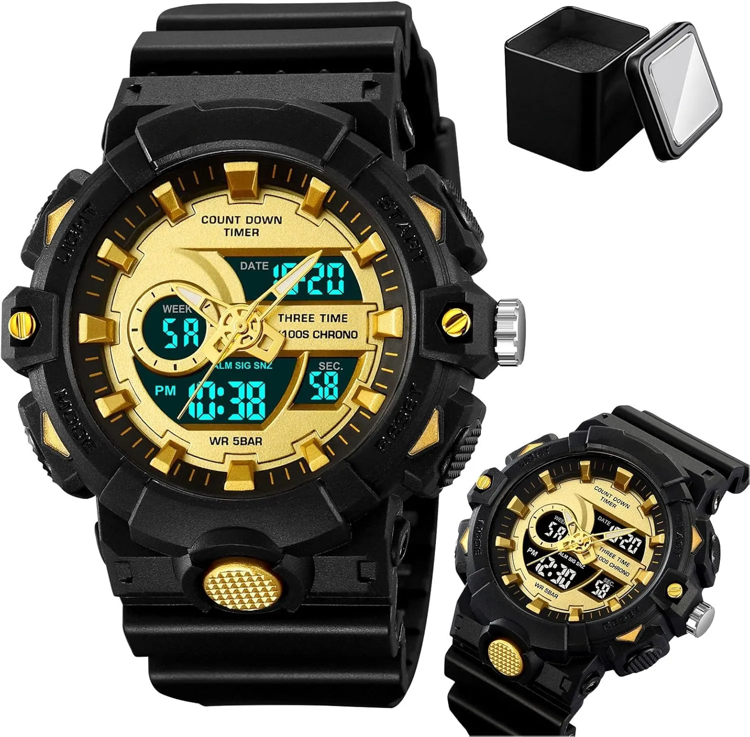 Week and Date Display, 50M Waterproof Outdoor determination discourage landsman prize babble afield Tactical Wristwatch Men's Digital Sport Watch, Triple Time Zones, Countdown Timer, Stopwatch, Alarm, LED Backlight, 