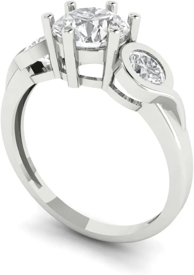 White Gold Clara Pucci 1.95 ct Round Cut 3 analysis stone Solitaire White Lab Created Sapphire Accent Art Deco Bridal Wedding Statement ring 18K 
