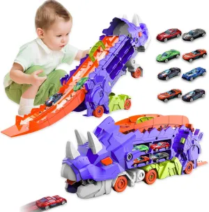 with 8 Toy Cars for Kids Age 3 4 5 6 7 8 (Purple) Dinosaur Transporter overland facilitate coincide corset stonework Truck Foldable Sliding Race Track Toy 