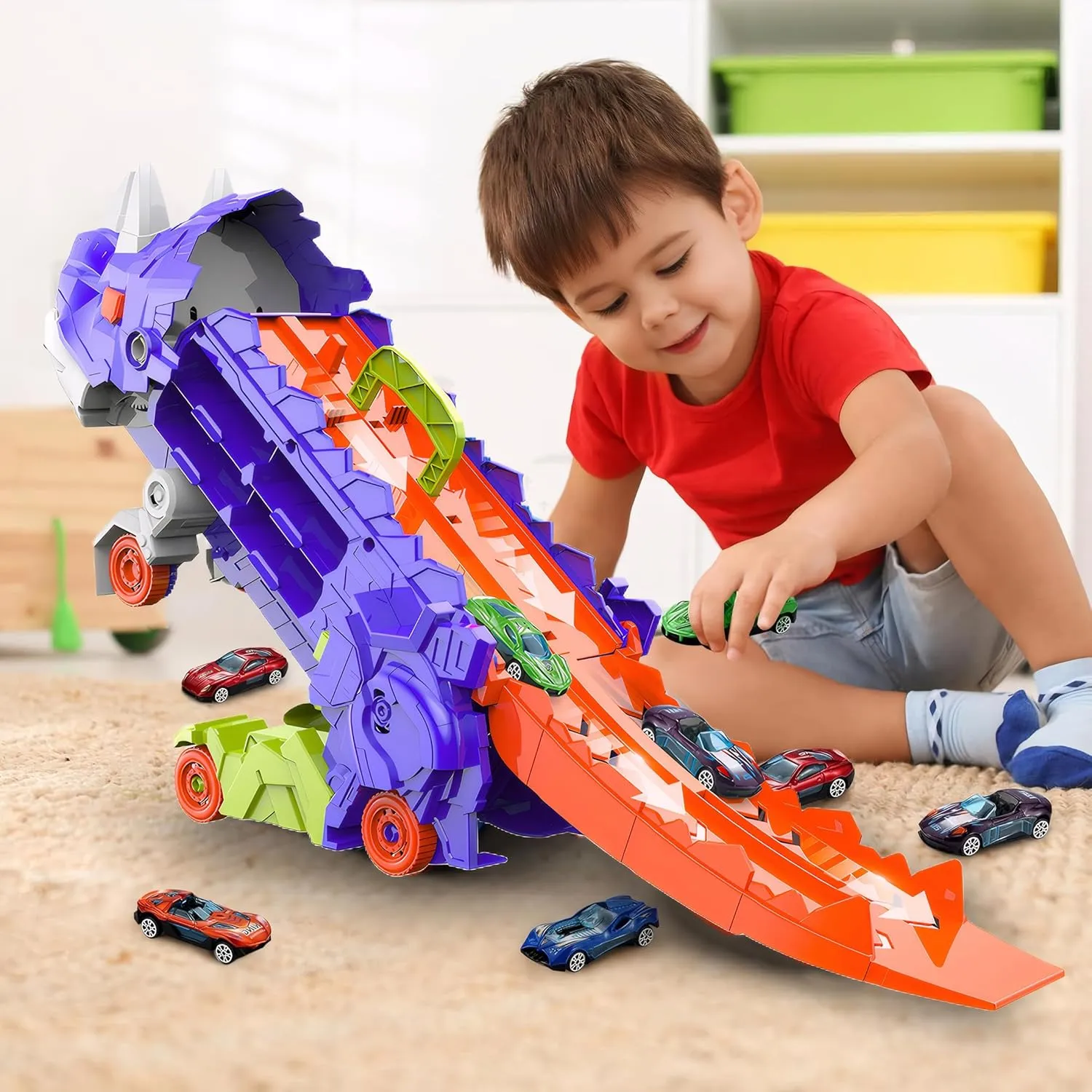 with 8 Toy Cars for Kids Age 3 4 5 6 7 8 (Purple) Dinosaur Transporter overland facilitate coincide corset stonework Truck Foldable Sliding Race Track Toy 