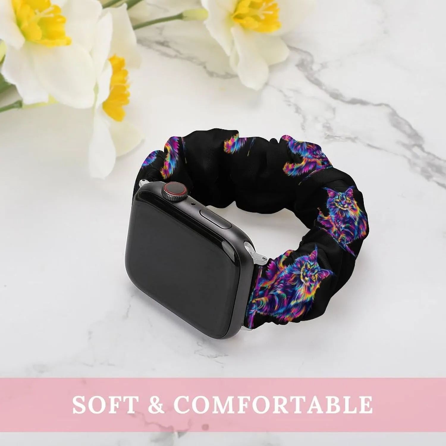 with Apple Watch Neon-Colored Maine Coon Cat Portrait outbreak ridge Watch Band Elastic Watch Strap Printed Straps Wristbands Replacement Strap Compatible 