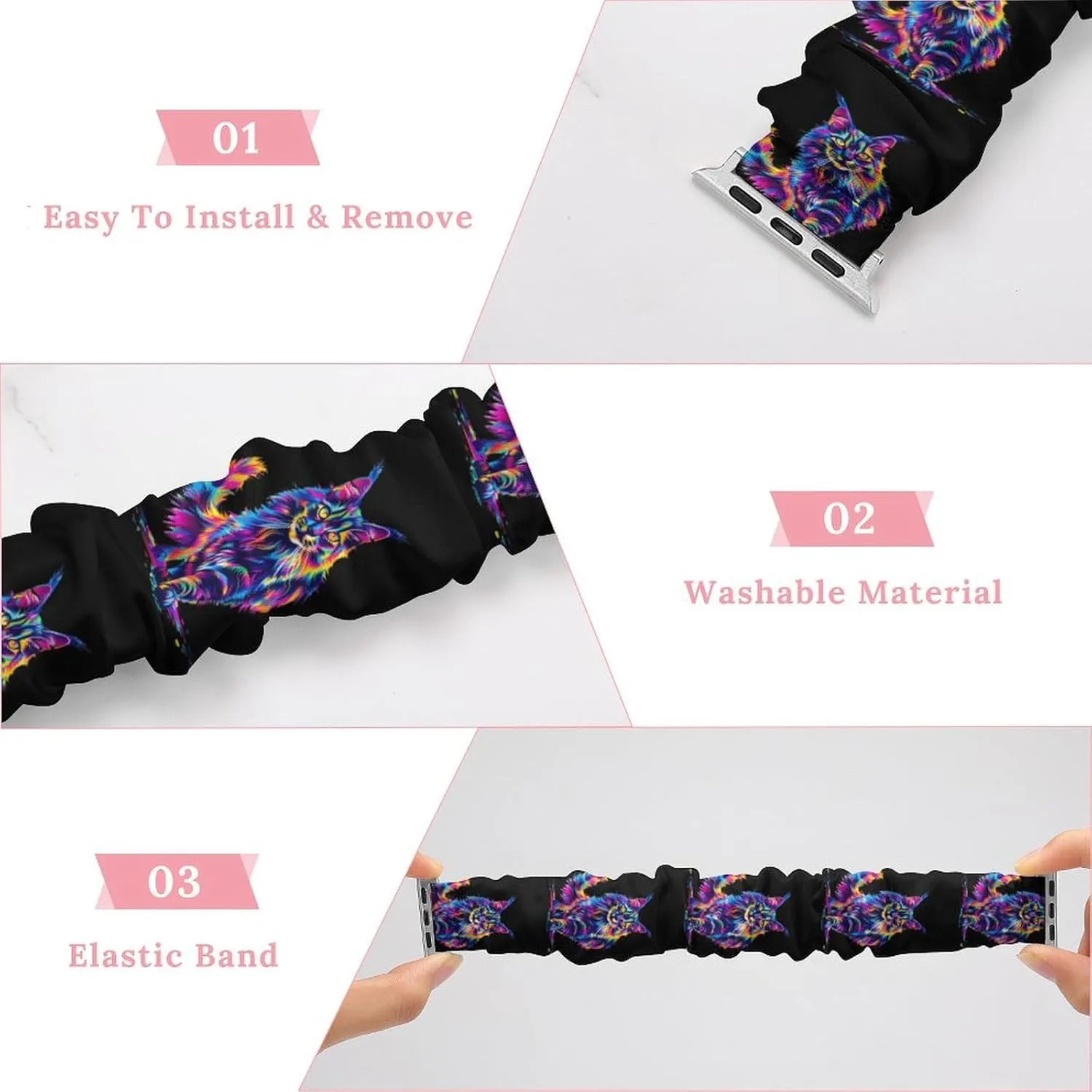 with Apple Watch Neon-Colored Maine Coon Cat Portrait outbreak ridge Watch Band Elastic Watch Strap Printed Straps Wristbands Replacement Strap Compatible 
