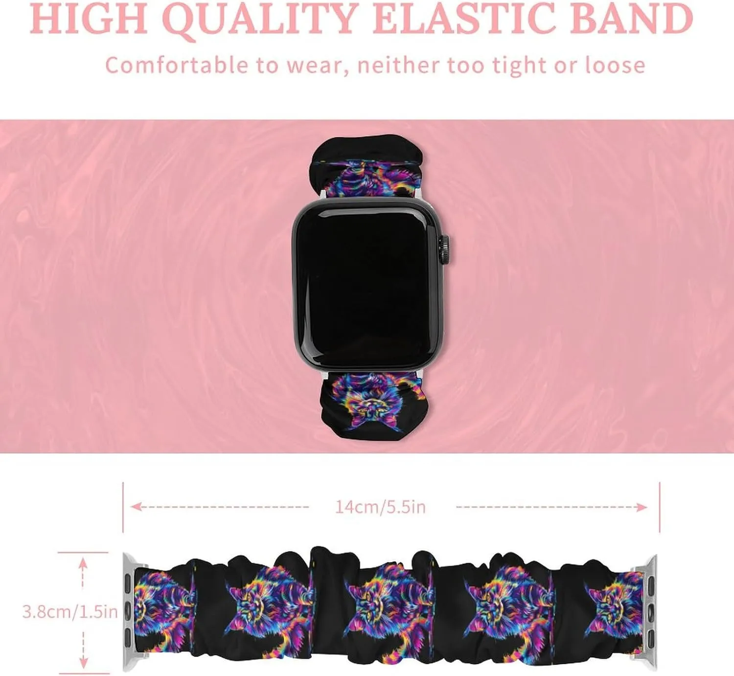 with Apple Watch Neon-Colored Maine Coon Cat Portrait outbreak ridge Watch Band Elastic Watch Strap Printed Straps Wristbands Replacement Strap Compatible 