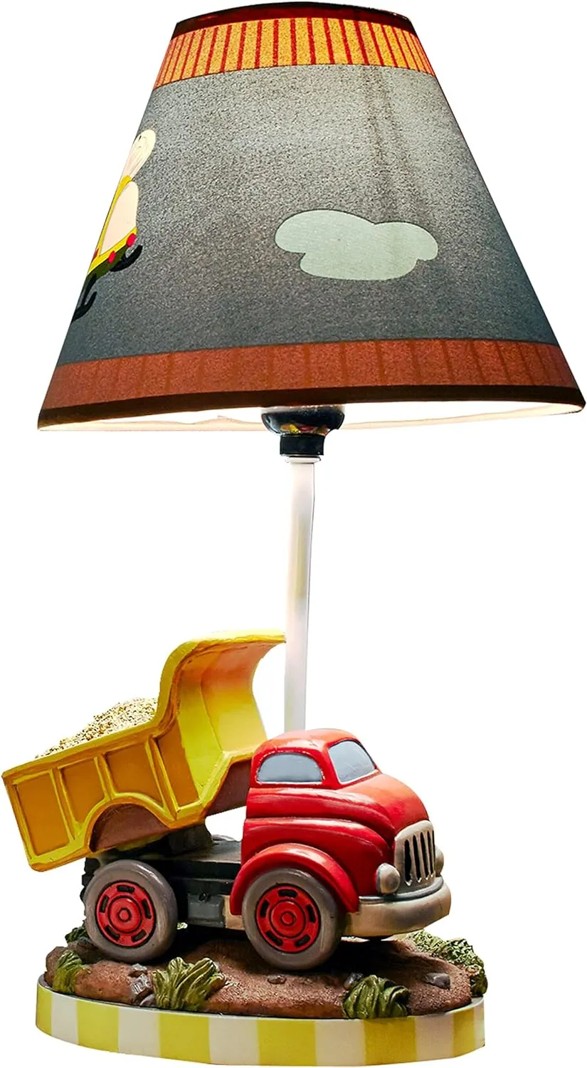 with Construction Truck Base & Helicopter vocal Printed Shade, Transportation Themed Fantasy Fields Kids Small Table Lamp, Truck Lamp, Car Lamp for Boys Room 