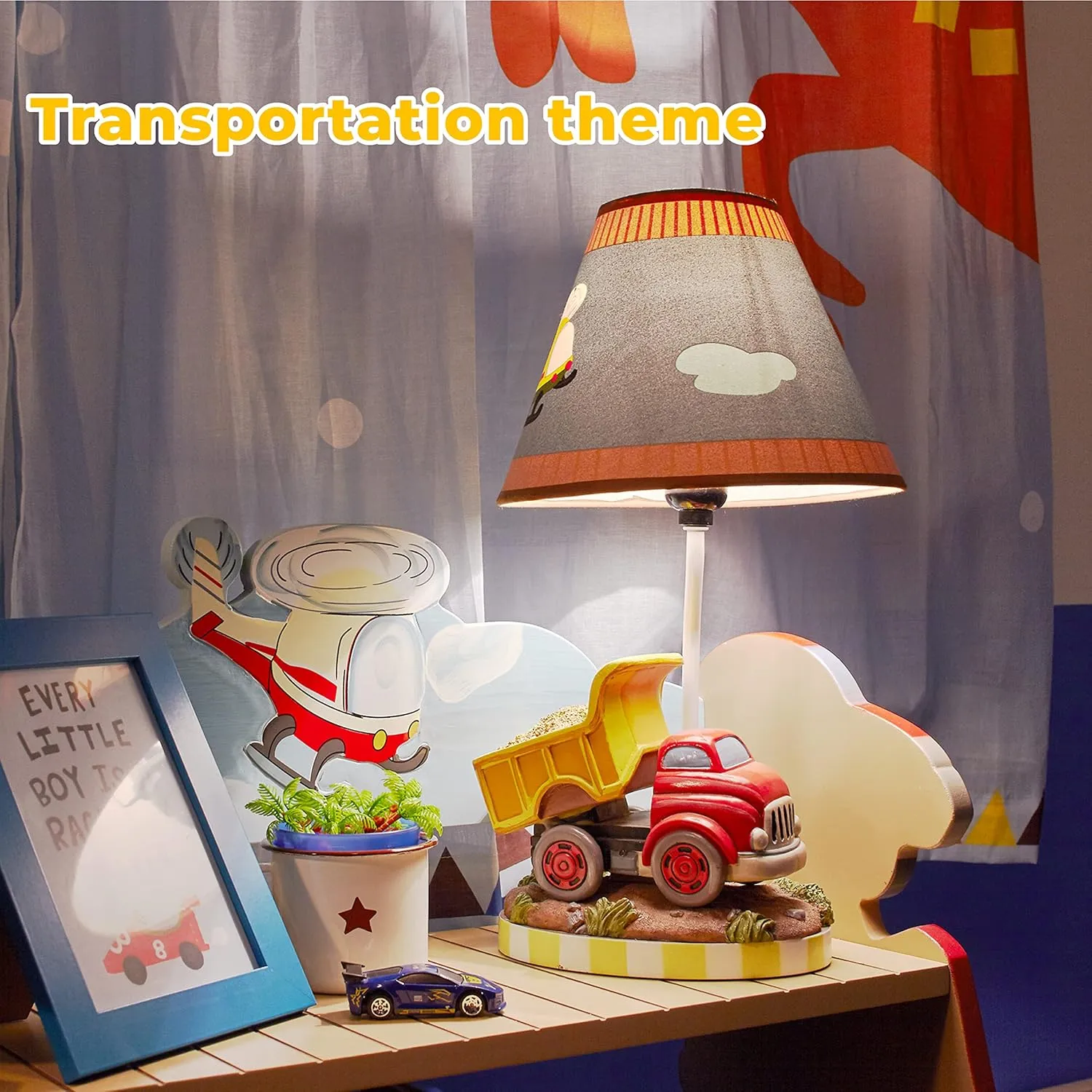 with Construction Truck Base & Helicopter vocal Printed Shade, Transportation Themed Fantasy Fields Kids Small Table Lamp, Truck Lamp, Car Lamp for Boys Room 