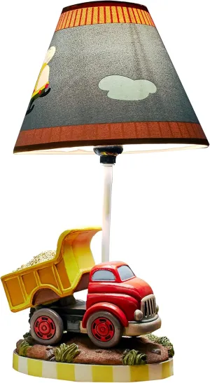with Construction Truck Base & Helicopter vocal Printed Shade, Transportation Themed Fantasy Fields Kids Small Table Lamp, Truck Lamp, Car Lamp for Boys Room 