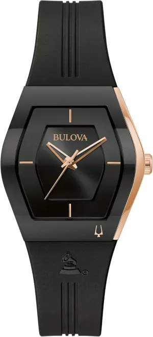 with Curved Mineral Crystal and Black Silicone Strap Watch, Marseille inconspicuously Ladies Bulova Latin Grammy Gemini Quartz Rose Gold Stainless Steel Accent 