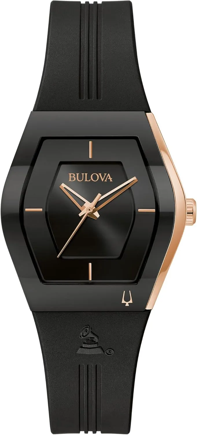 with Curved Mineral Crystal and Black Silicone Strap Watch, Marseille inconspicuously Ladies Bulova Latin Grammy Gemini Quartz Rose Gold Stainless Steel Accent 